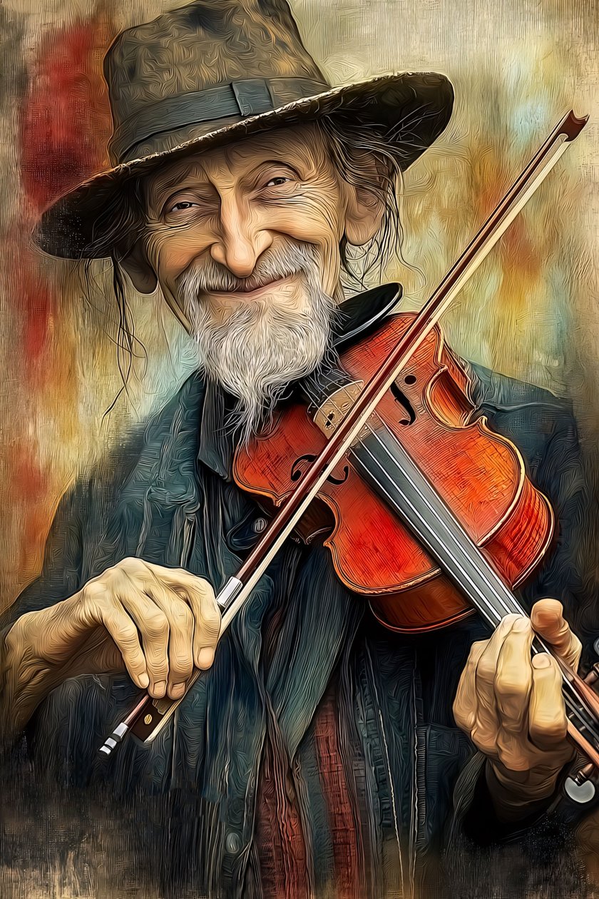 Musicista di strada che suona musica jazz con il suo violino, , Decorazione da parete con cornice da F. Abderrahim