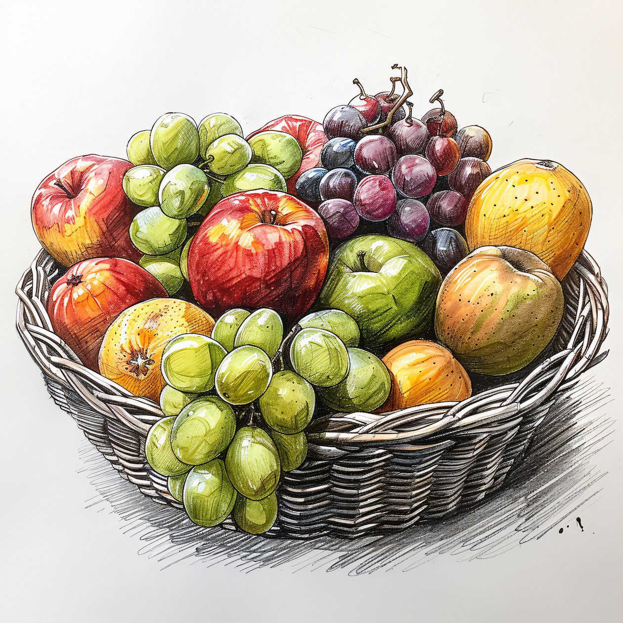 un cesto di frutta, semplice disegno di natura morta, stampe d
