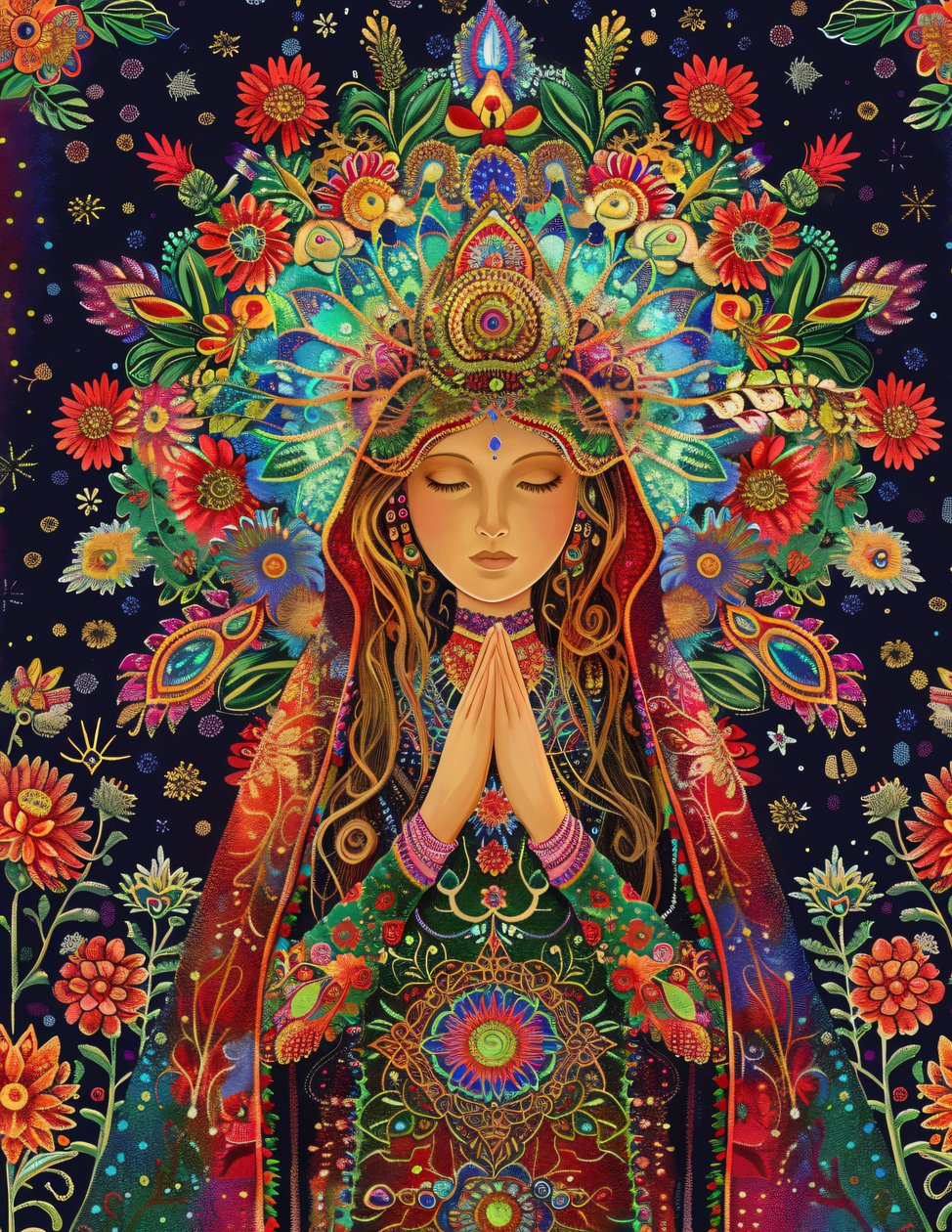Una bella donna, stile di Alex Grey, Gioia e colori, motivi spirituali e mandala, stampe su tela da F. Abderrahim