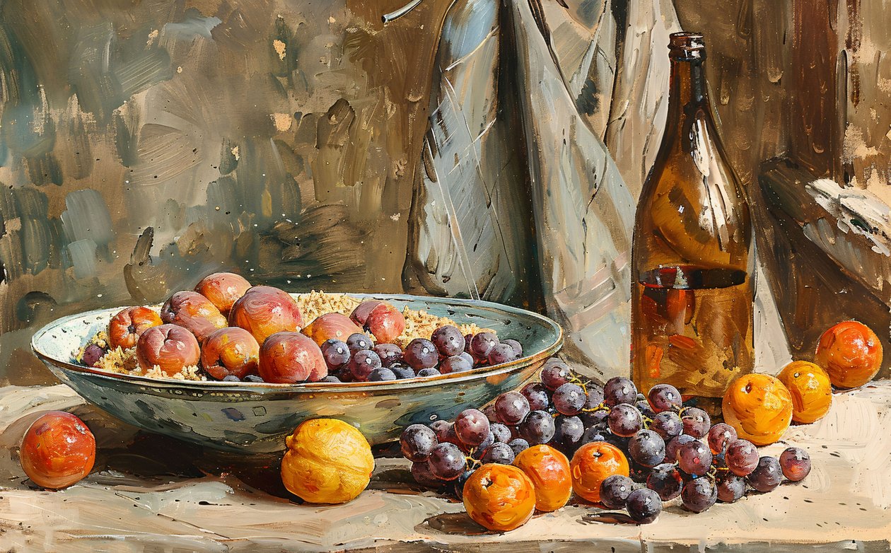 Una natura morta, frutta e bottiglia di vino, pittura a pennello, decorazione murale in vendita da F. Abderrahim