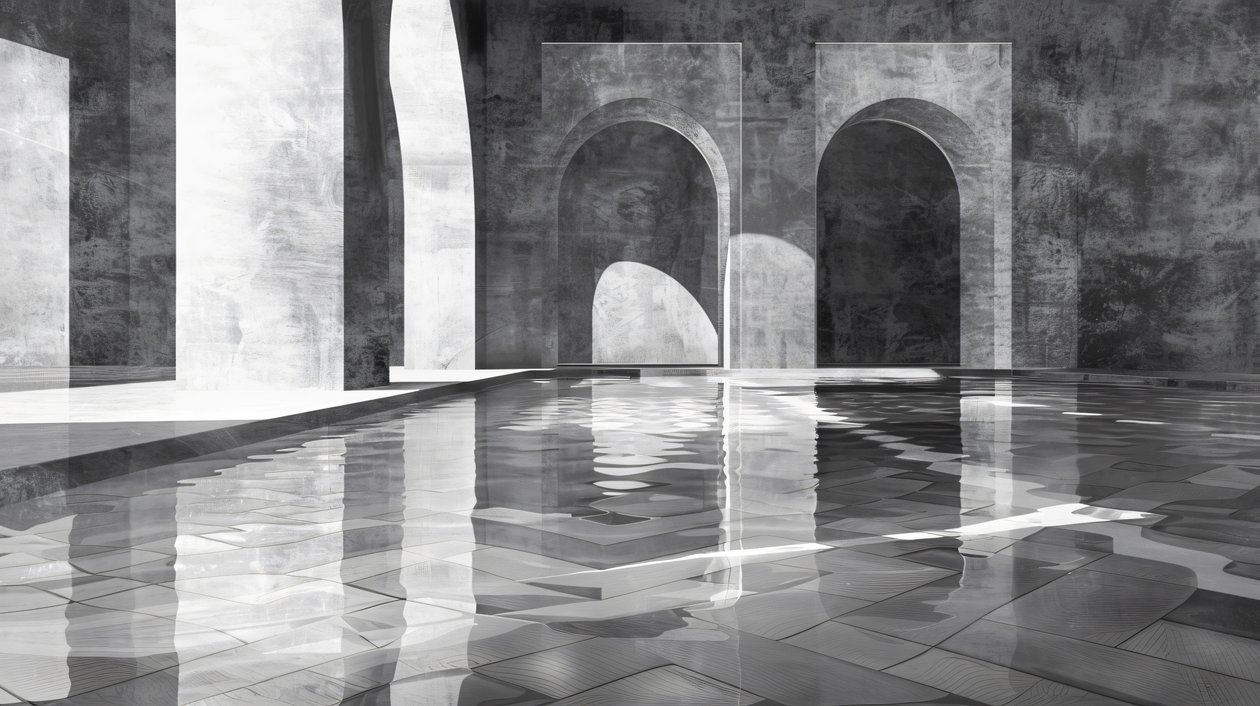 Archi e cancelli in un palazzo di marmo, architettura, Bianco e nero, stampe d
