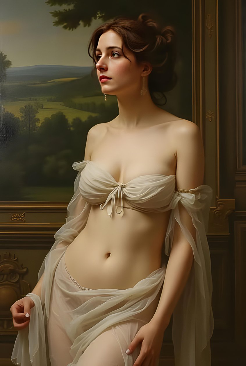Bella donna dai capelli chatain in tutto il corpo, Afrodite pittura realistica, idee di decorazione murale da F. Abderrahim