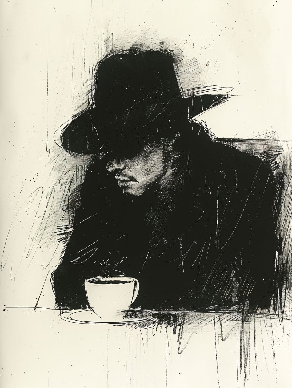 Schizzo minimalista nero di un uomo che beve il caffè, decorazione murale | stampa su richiesta da F. Abderrahim