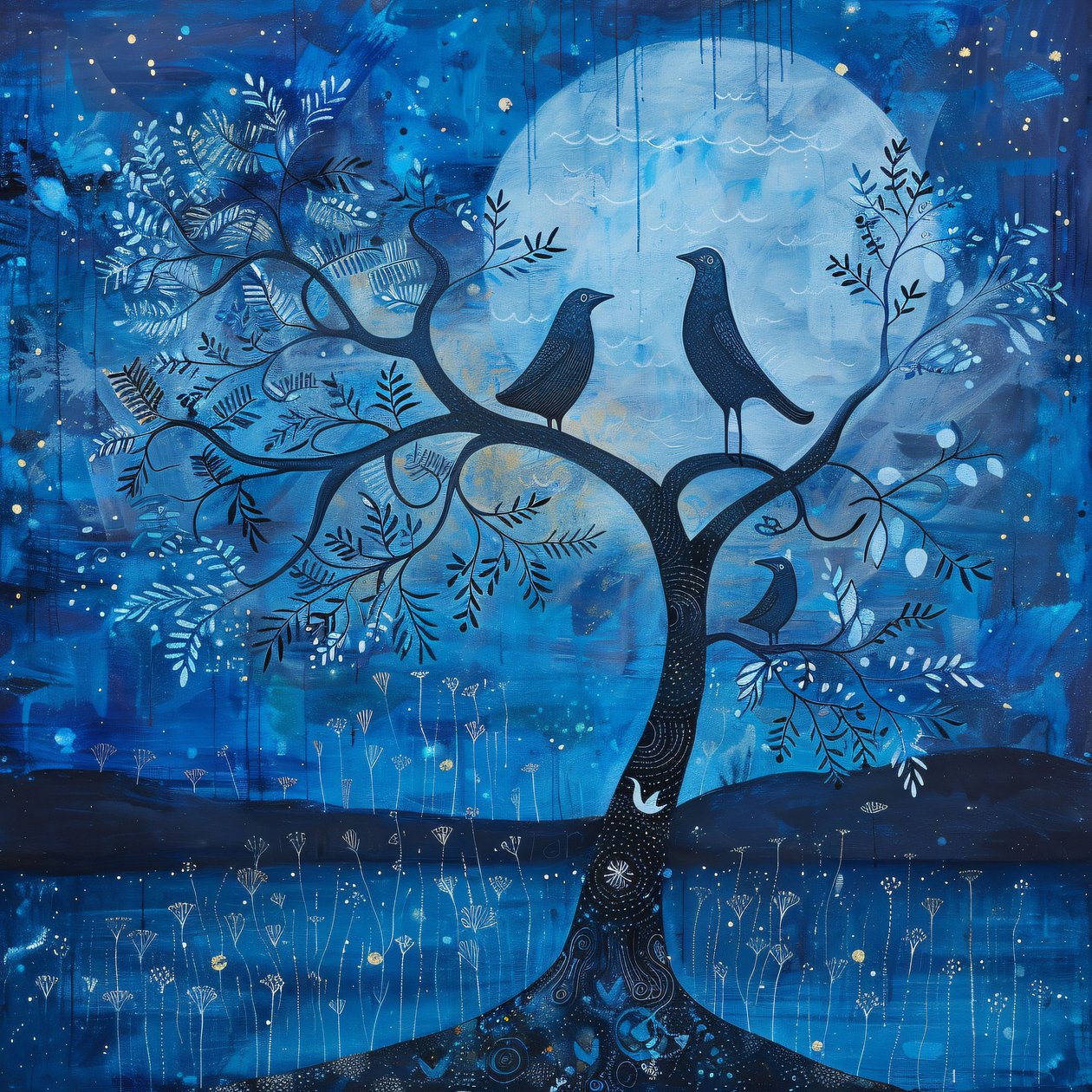 Luna blu e uccello, Magia della notte stellata, Decorazione murale moderna | Stampa su richiesta da F. Abderrahim