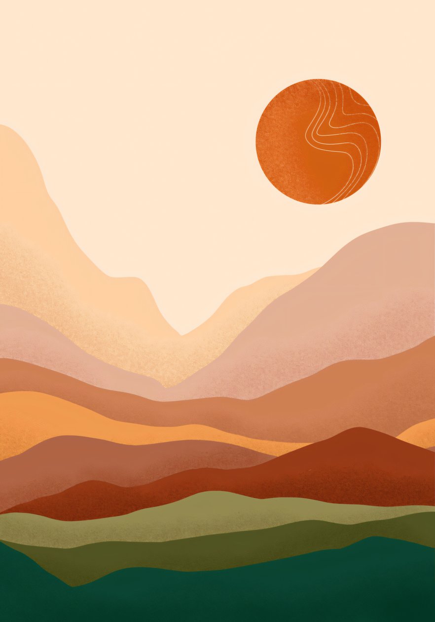 Poster minimalista Bohemian Sunrise  Mountain, stampa su tela online su richiesta da F. Abderrahim