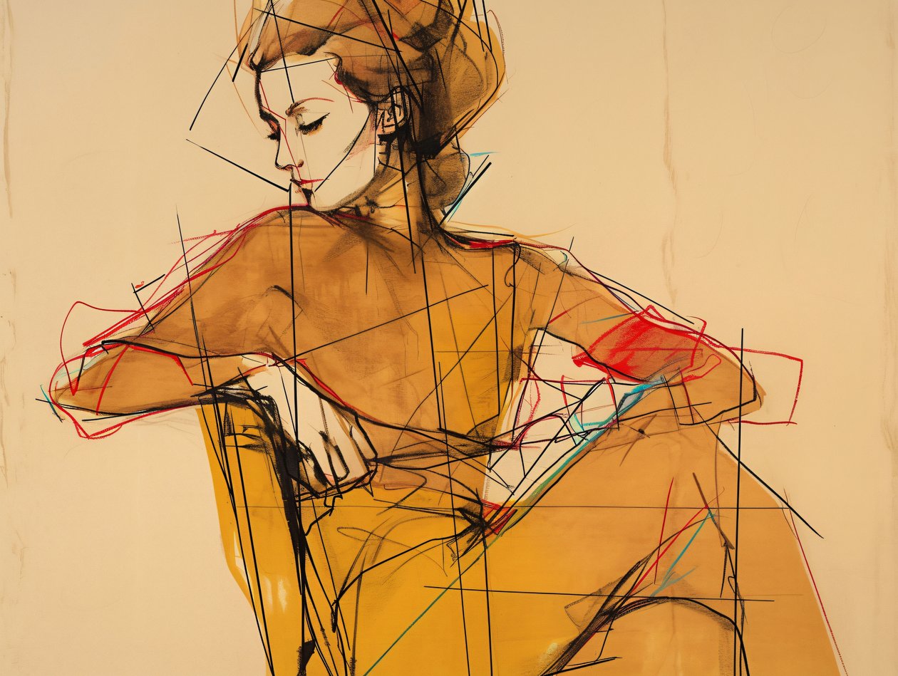 Illustrazione di moda e disegno di donna seduta, Ritratto in abito elegante marrone, stampe d