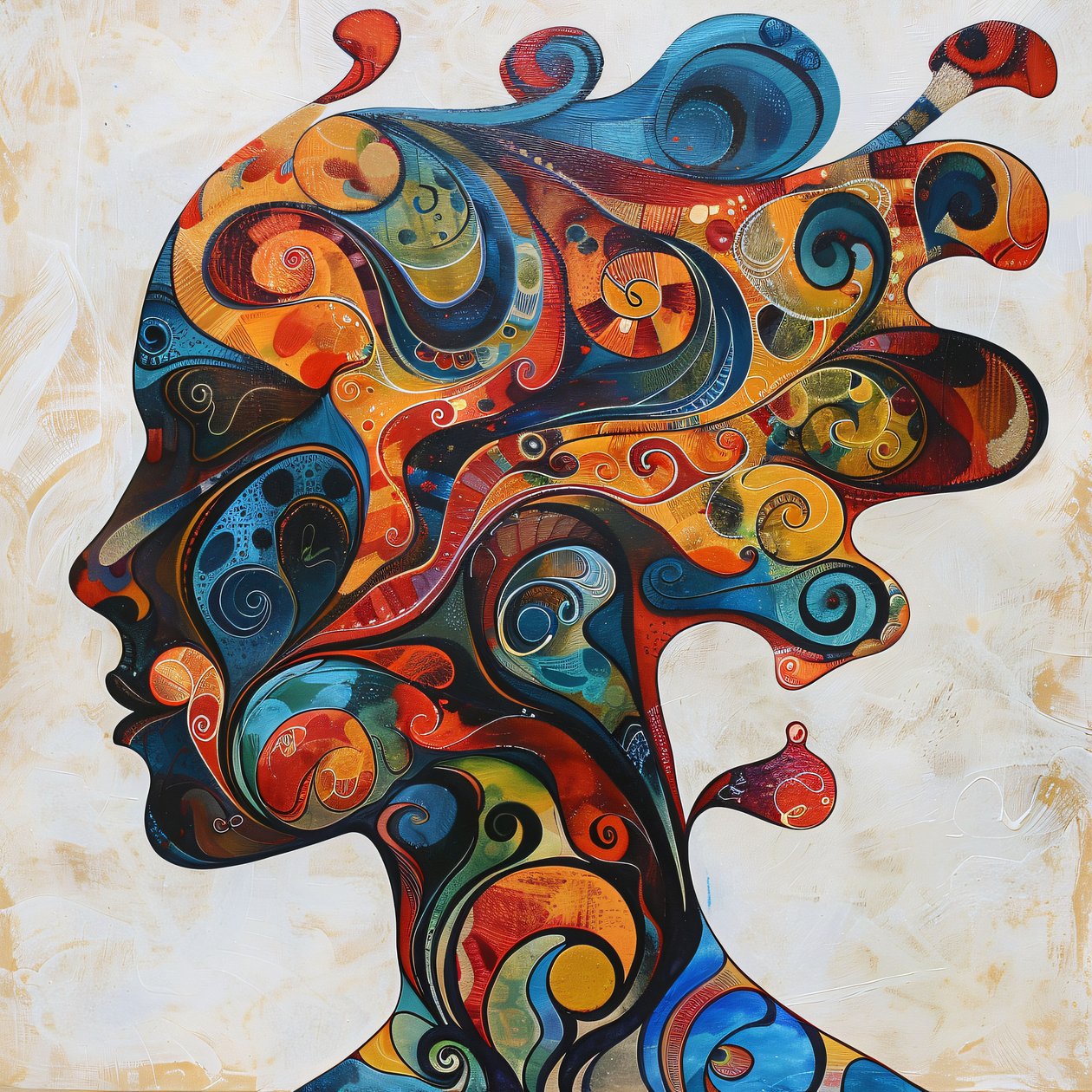 silhouette di donna, capelli colorati e vortici, stampe su tela di grandi dimensioni da F. Abderrahim