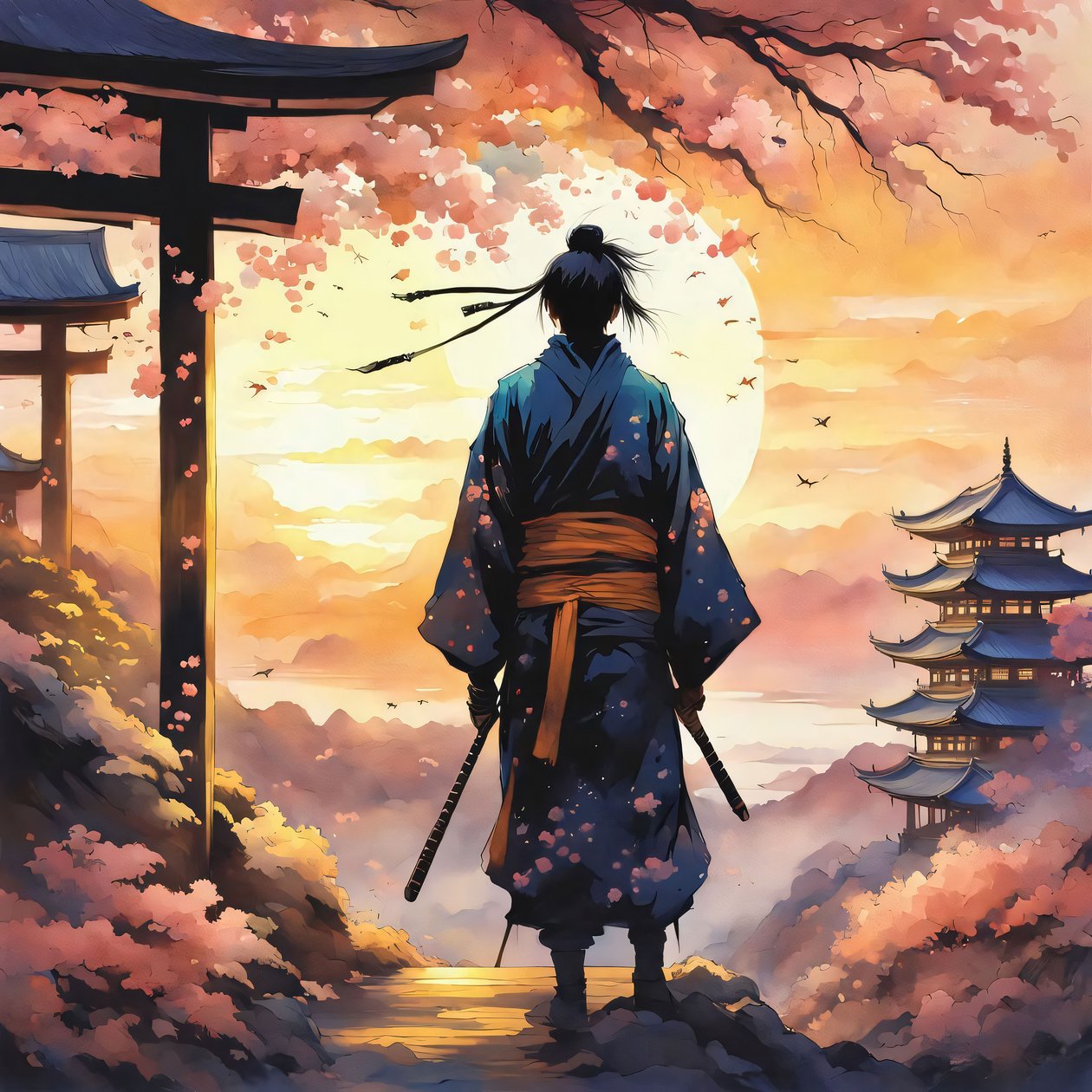 Japanischer Samurai, in einem Tempel auf einem Berg, rosa Farben von F. Abderrahim