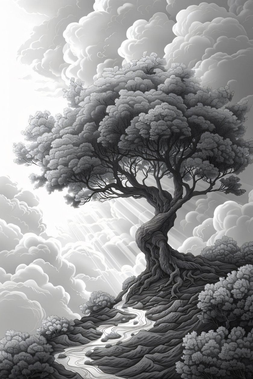 Maestosa formazione rocciosa, portale naturale, tempesta e albero drammatico, decorazione da parete con cornice, da F. Abderrahim