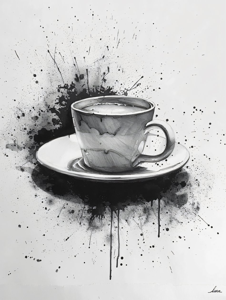Scena noir minimalista a linea singola con macchie di caffè in evidenza, stampe d