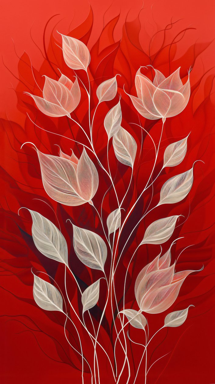 Piante e fiori disegnati in bianco su sfondo rosso, decorazioni murali e stampe su tela da F. Abderrahim