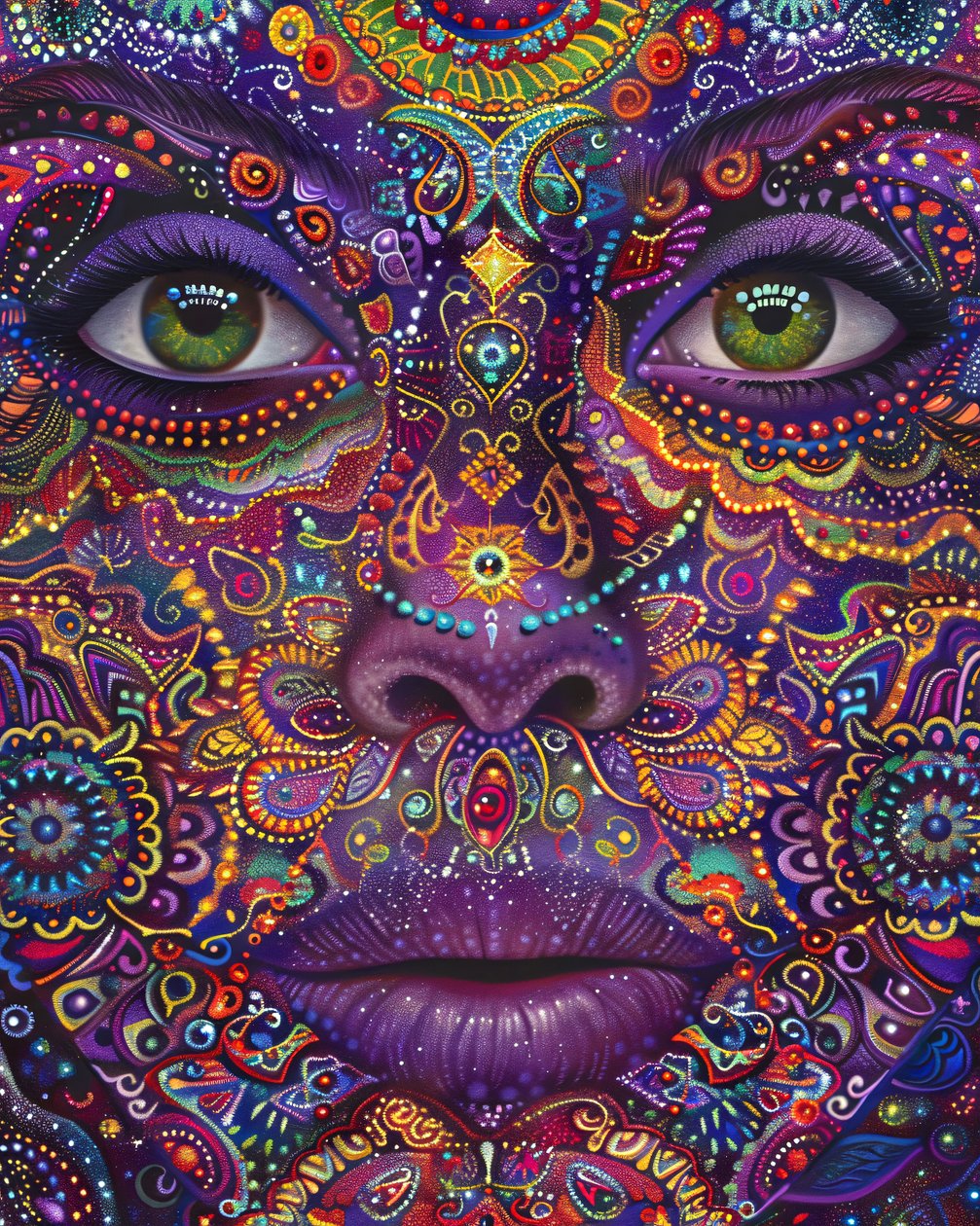Donna psichedelica con volto colorato, motivi spirituali e mandala, stampe su tela da F. Abderrahim