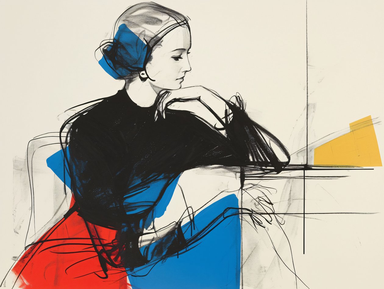 Schizzo di donna seduta Disegno e pittura, stampa su tela e telaio da parete su richiesta da F. Abderrahim