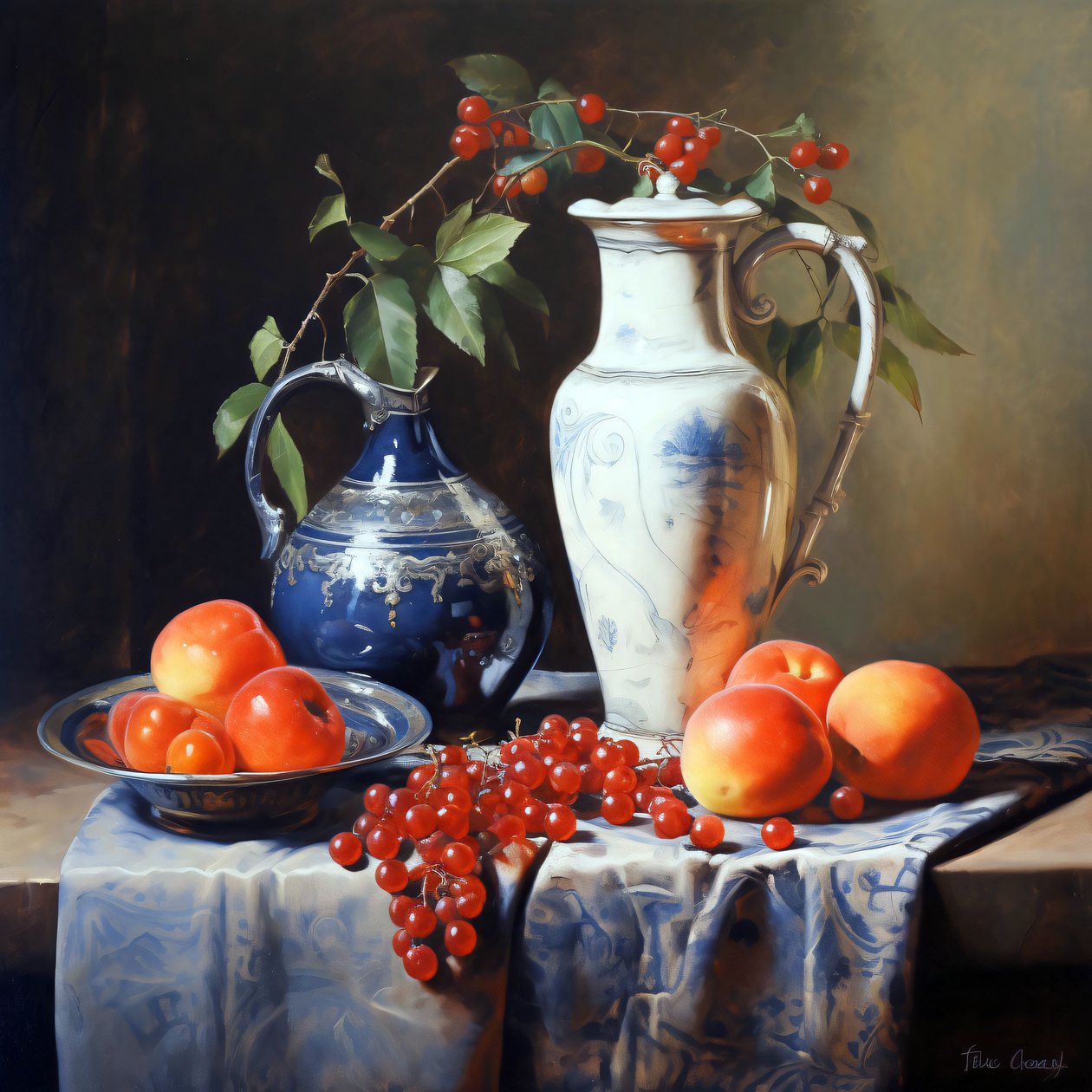 Natura morta di frutta, pittura a olio, stampa su tela online su richiesta da F. Abderrahim