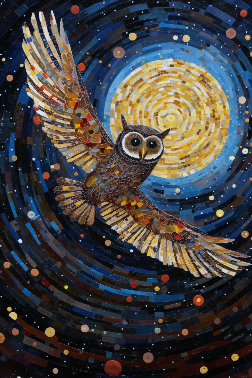 Il gufo che vola nel cielo notturno stellato, stampe su tela personalizzate online da F. Abderrahim