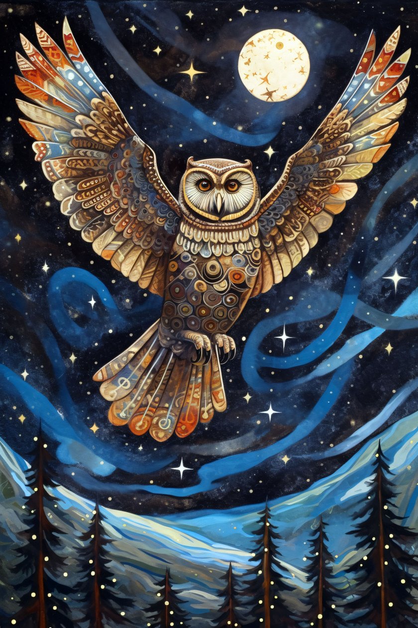 Il gufo che vola nel cielo notturno stellato, stampe da parete Home Decor da F. Abderrahim