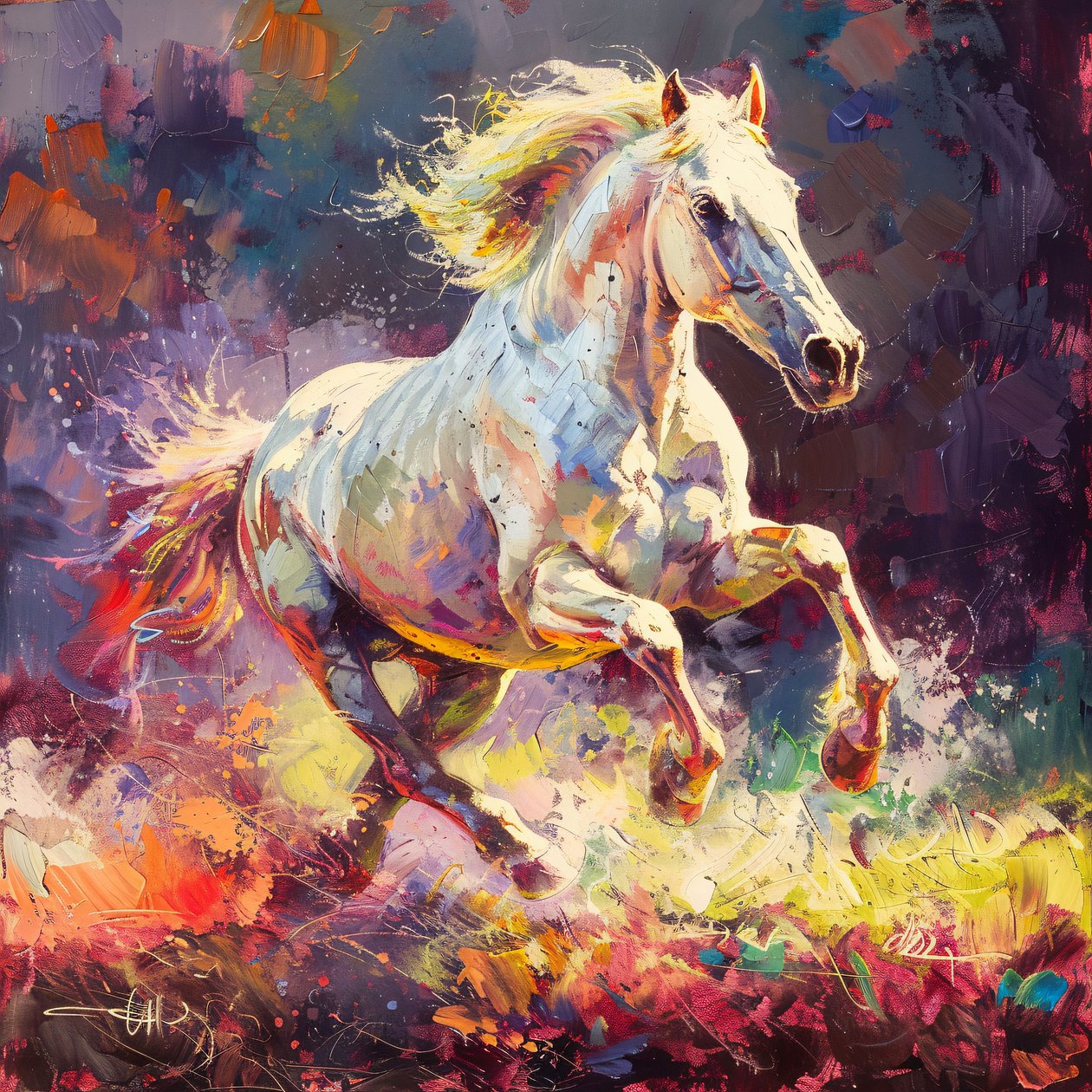 Rendering vibrante di uno stallone bianco al galoppo, stampe d