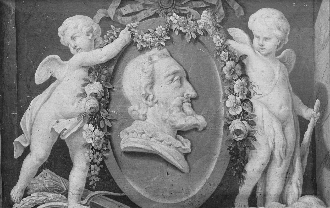 Busto di Enrico IV in medaglione ovale con sfondo blu sostenuto da due cupidi, XVIII secolo da 18th century . French Painter