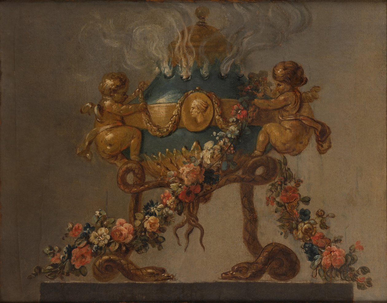 Bruciatore di profumo sostenuto da amorini e serpenti e adornato con fiori, XVIII secolo da 18th century . French Painter