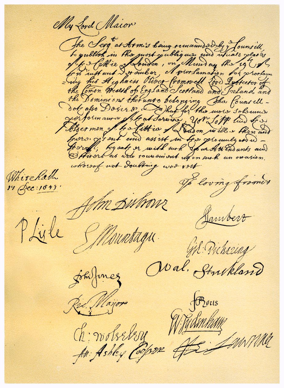 Lettera al Lord Sindaco di Londra, 17 dicembre 1653 da 2nd Earl of Manchester Edward Montagu