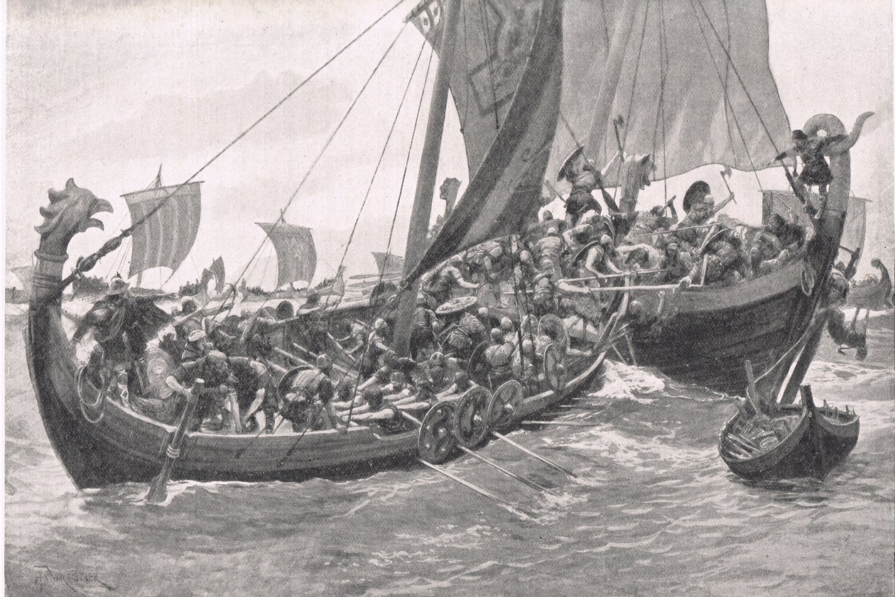La prima battaglia navale della Gran Bretagna, illustrazione da British Battles on Land and Sea, pubblicato da Cassell, Londra, c.1910 da A. Forrestier