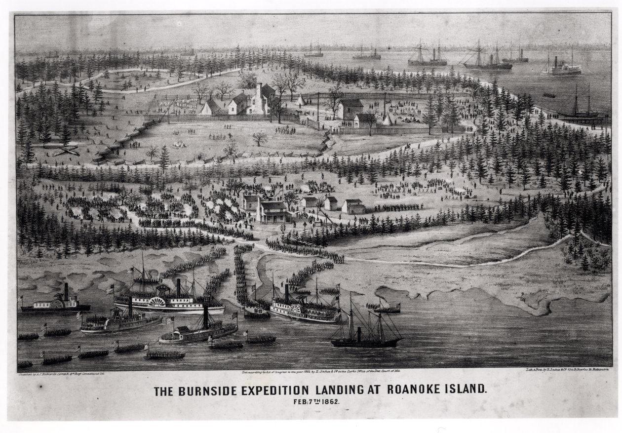 La spedizione di Burnside sbarca a Roanoke Island, 7 febbraio 1862 da A. J. Richards