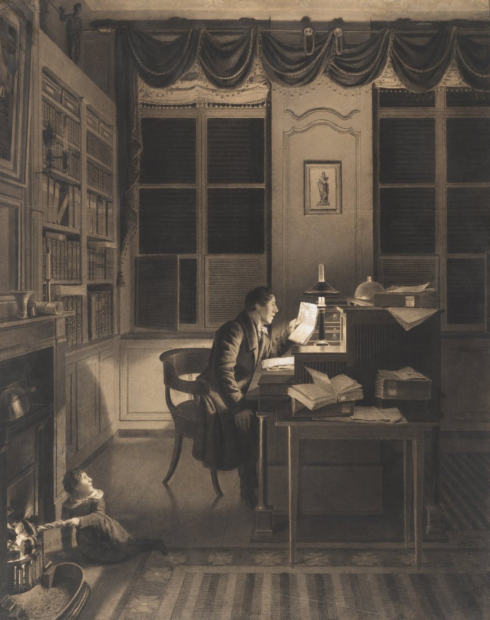Interno con un uomo che legge alla sua scrivania da A. L. Leroy