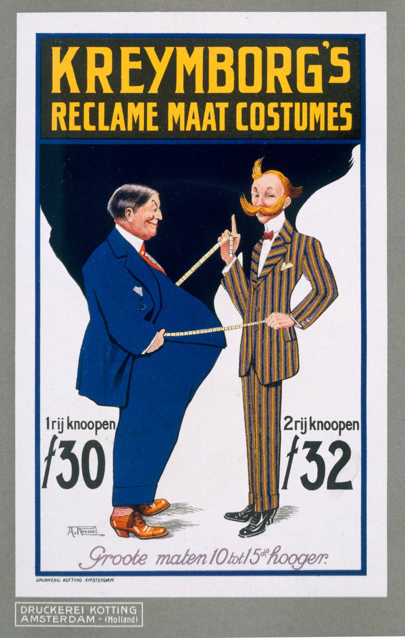 Reclame Maat Costumes, poster pubblicitario dei sarti olandesi Kreymborg, 1914 da A. von Roessel