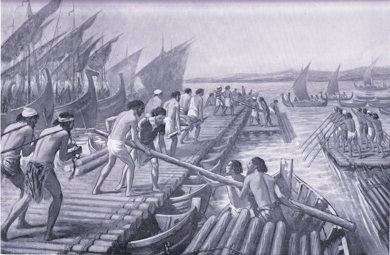 Costruzione del ponte di barche di Artaserse da parte dei marinai fenici da A.C. Weatherstone