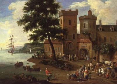 Pescatori che scaricano il loro pescato e gentiluomini che partono da una casa padronale da A.F. and Bouts P. Boudewyns