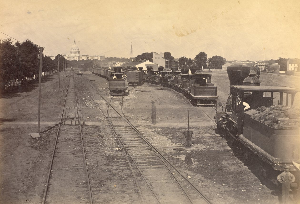 N. 189. Maryland Avenue Depot, Washington, D.C., con motori inviati da Alessandria per sicurezza. da A.J. Russell