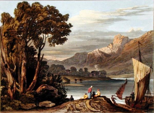 Il nuovo sbarramento. Guardando verso il fiume, tavola 11 da Descrizione del fiume Wye, inciso da Theodore Henry Fielding da A.V. Copley after Fielding