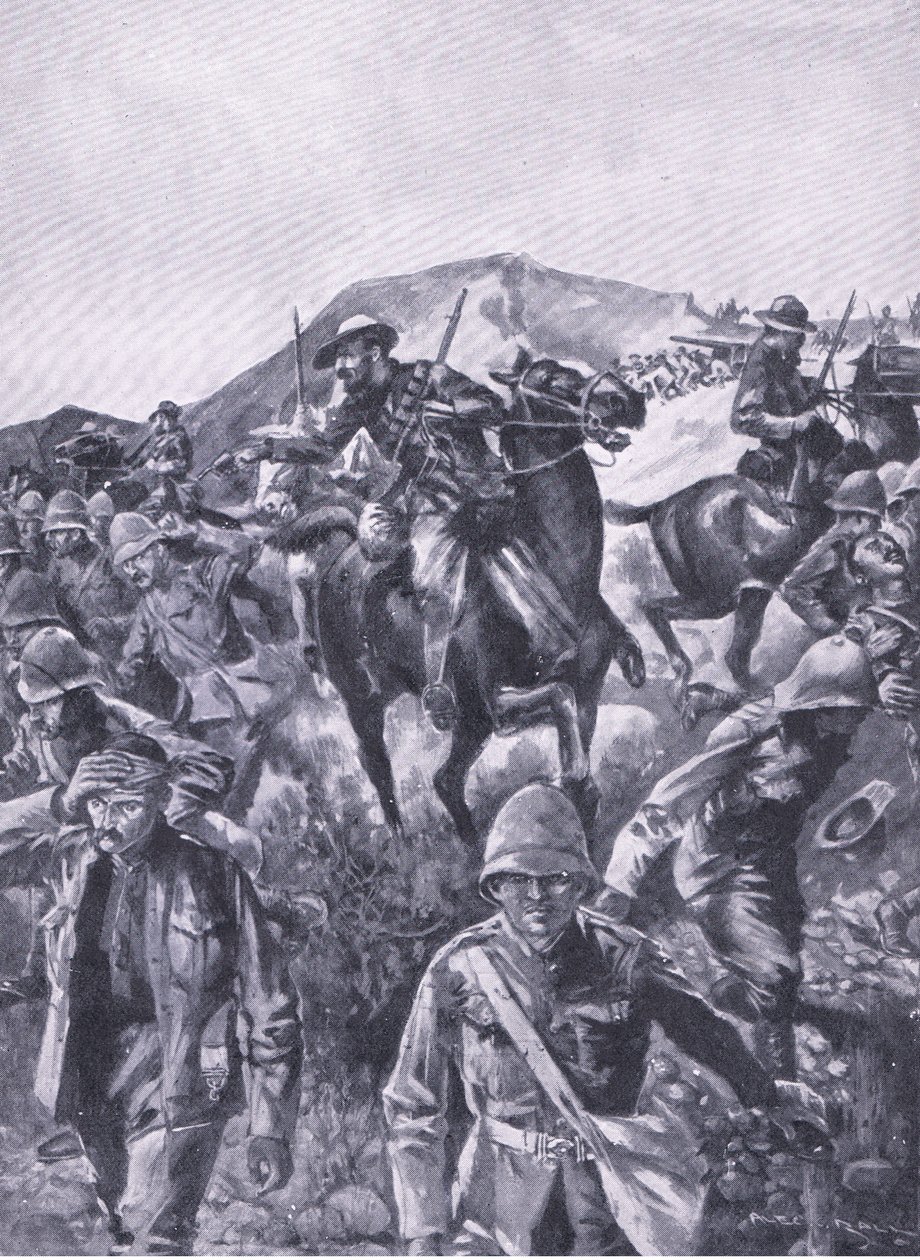 Prigionieri britannici interposti come schermo mentre i Boeri rimuovevano un cannone navale, da Dopo Pretoria: La guerra di guerriglia pubblicata da Harmsworth Bros Limited, 1901 da A. C. Ball