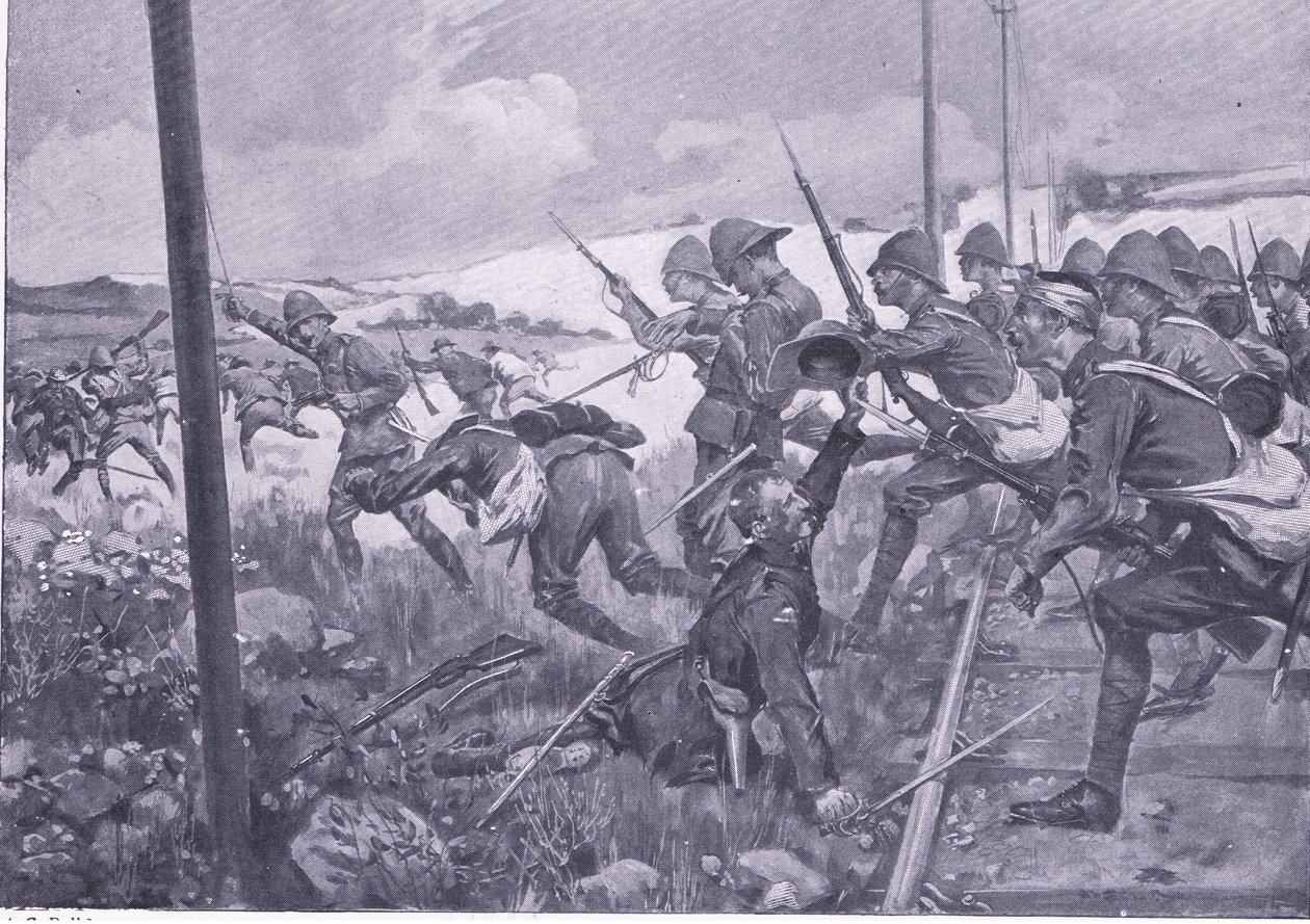 Carica dei fucilieri scozzesi a Frederikstad, illustrazione da After Pretoria: The Guerilla War, 1902 da A. C. Ball