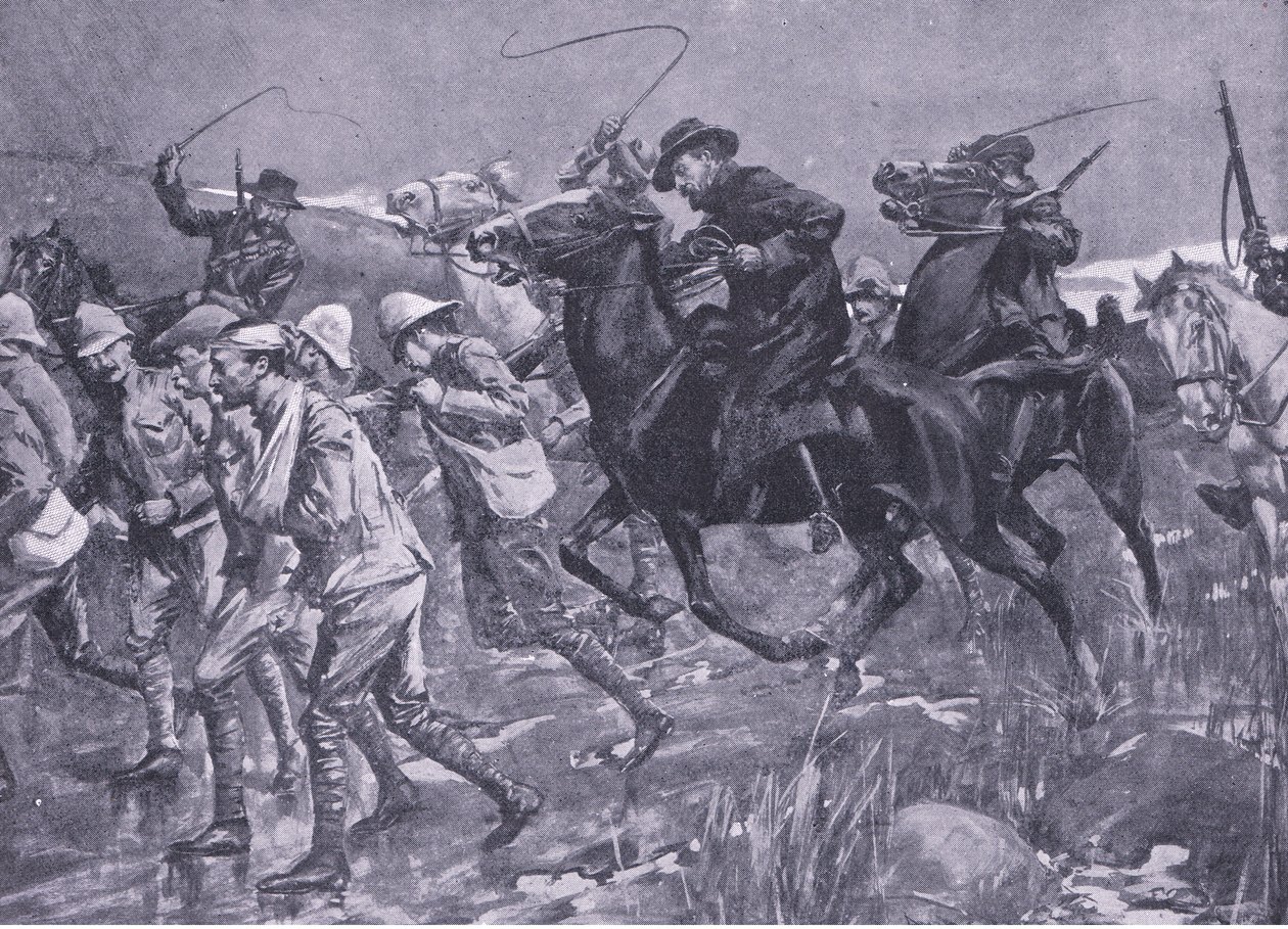 Il trattamento dei prigionieri di guerra britannici da parte di De Wet durante la marcia, illustrazione da After Pretoria: The Guerilla War, 1902 da A. C. Ball