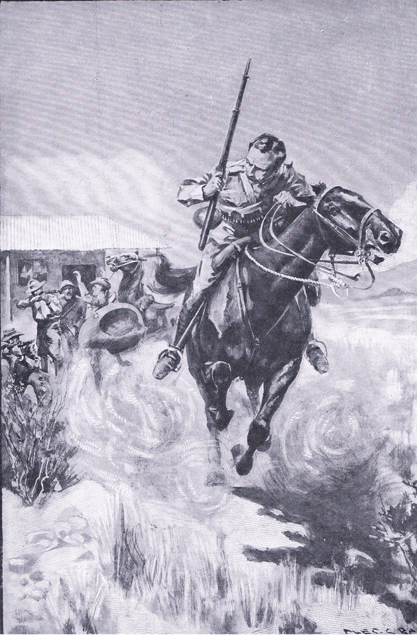 Fuga di uno scout, da After Pretoria: The Guerilla War pubblicato da Harmsworth Bros Limited da A. C. Ball