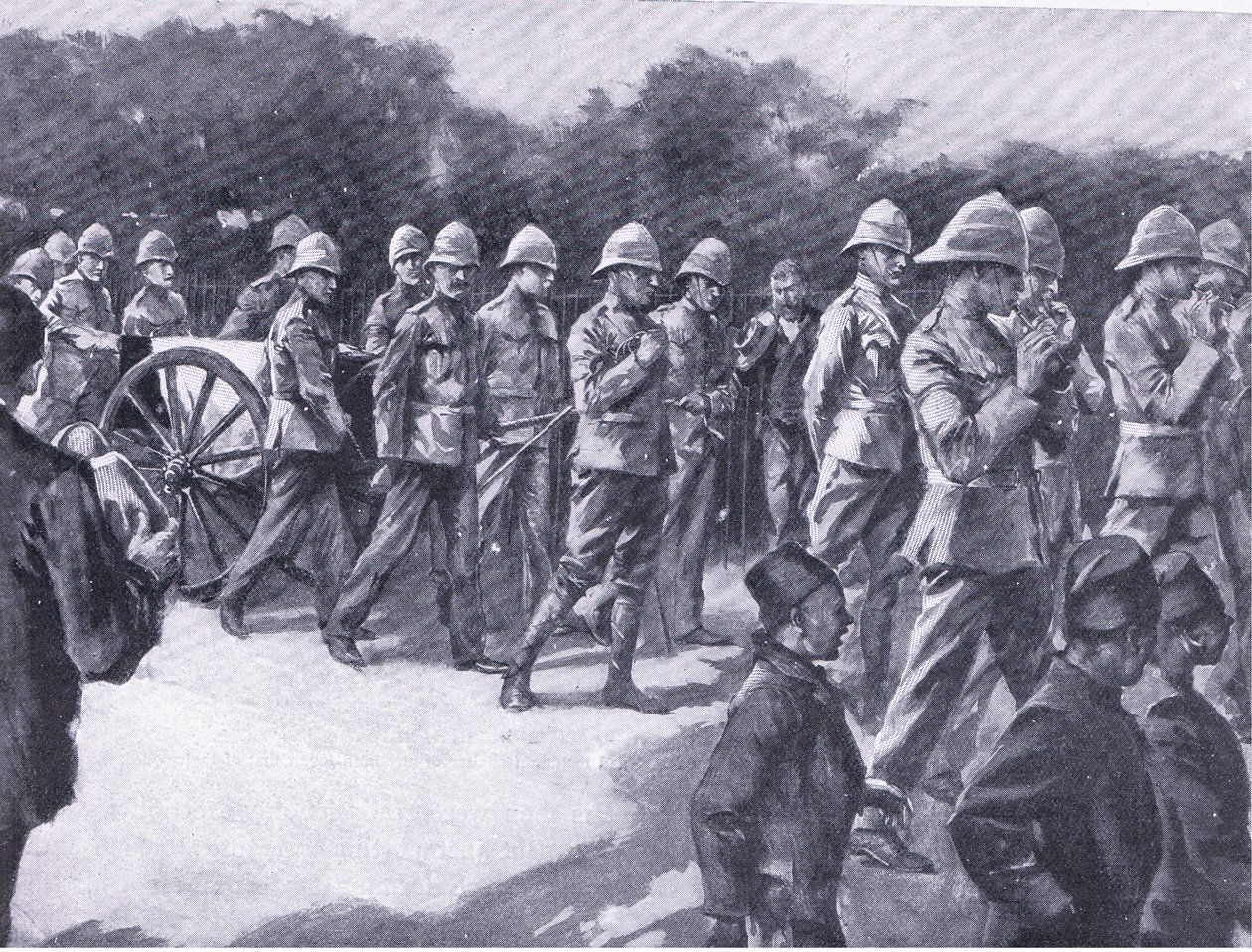 Funerale con onori militari di un prigioniero boero a Simonstown, da Dopo Pretoria: La guerra di guerriglia pubblicata da Harmsworth Bros Limited, 1901 da A. C. Ball
