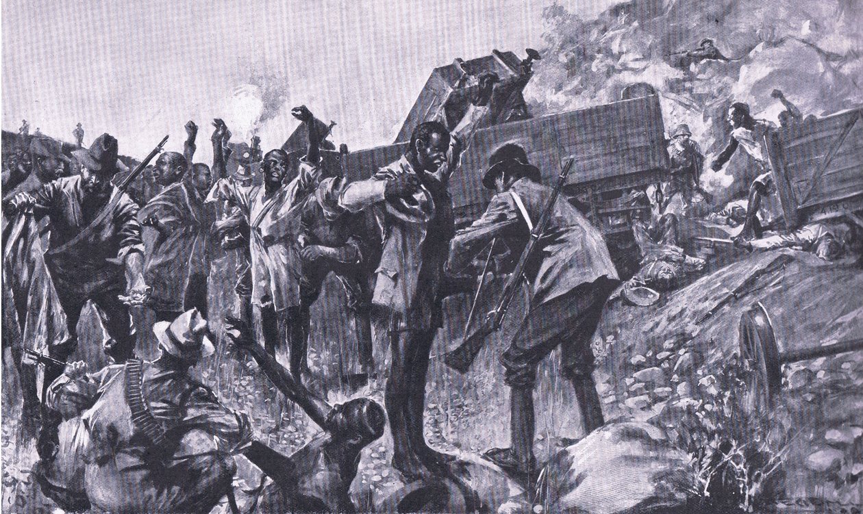 Il deragliamento del treno vicino a Taaibosch, da Dopo Pretoria: La guerra di guerriglia pubblicata da Harmsworth Bros Limited, 1901 da A. C. Ball
