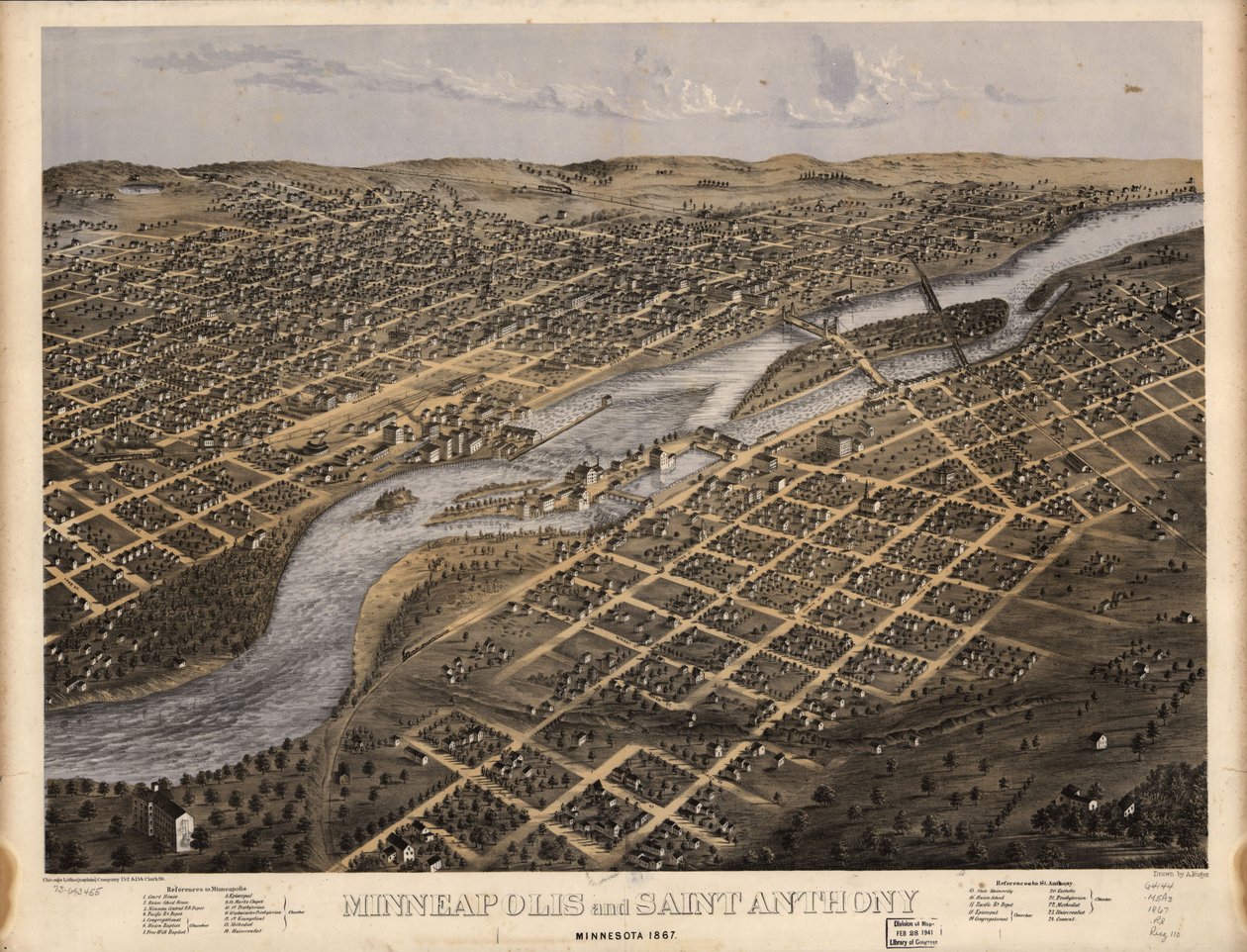 Minneapolis e Saint Anthony, Minnesota 1867. LOC 73693455 da A.; Chicago Lithographing Co. Ruger