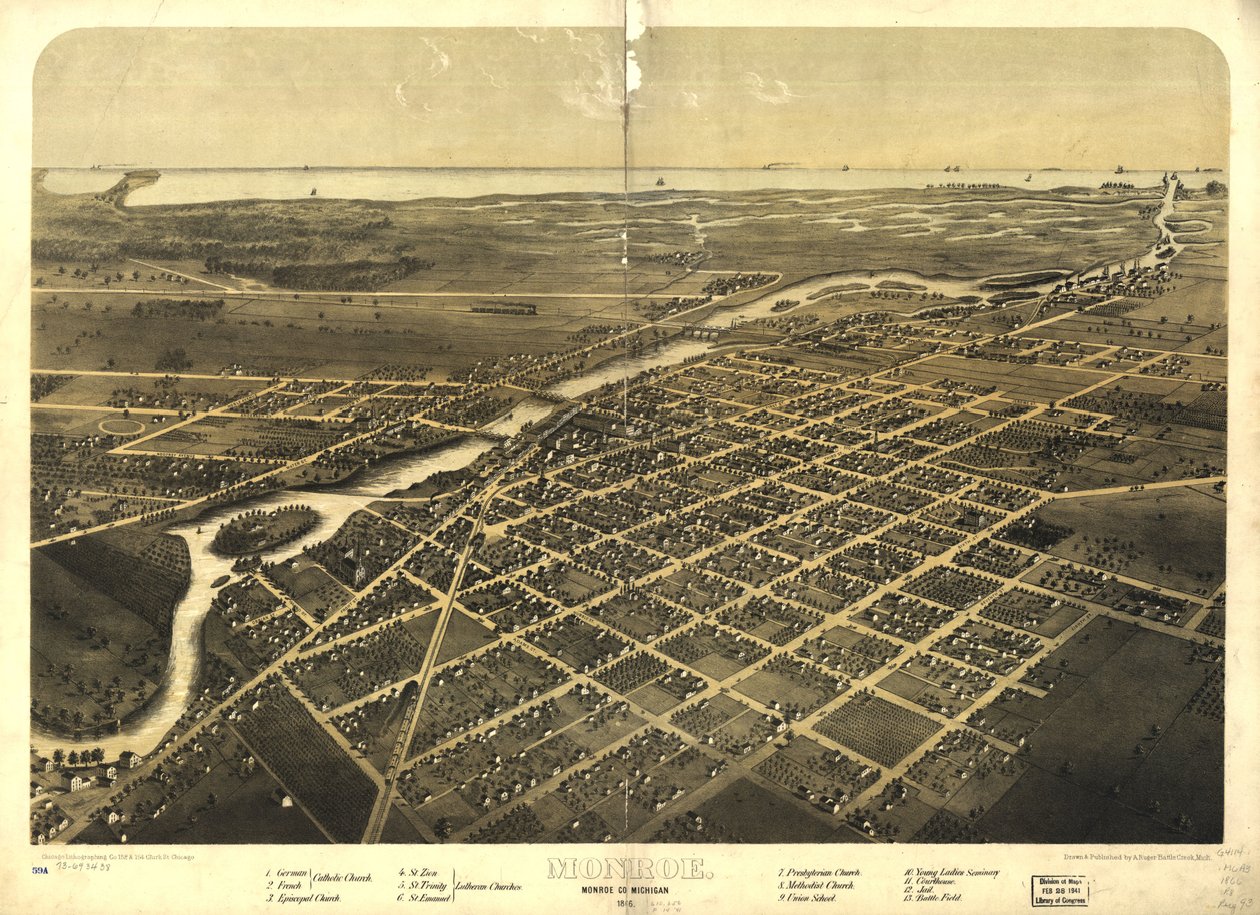 Monroe, Monroe Co., Michigan 1866. LOC 73693438 da A.; Chicago Lithographing Co. Ruger