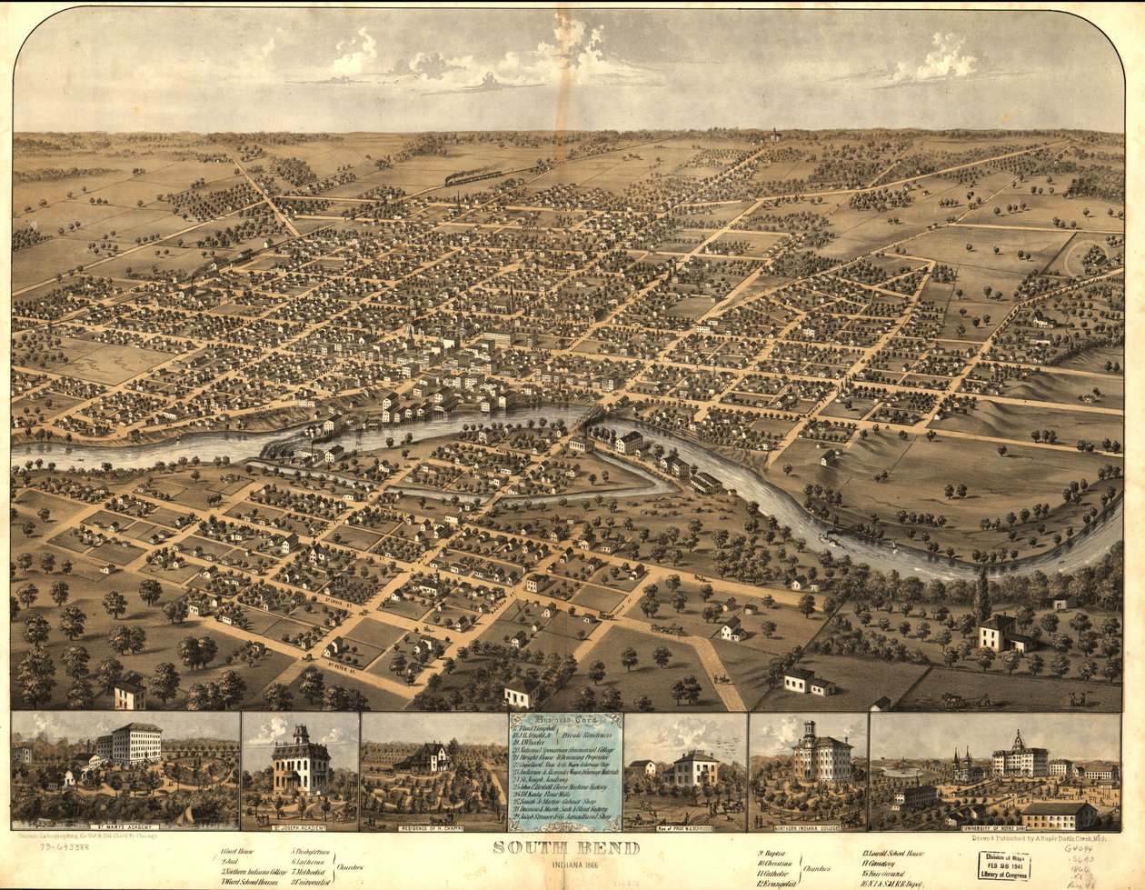 South Bend, Indiana 1866 da A.; Chicago Lithographing Co. Ruger