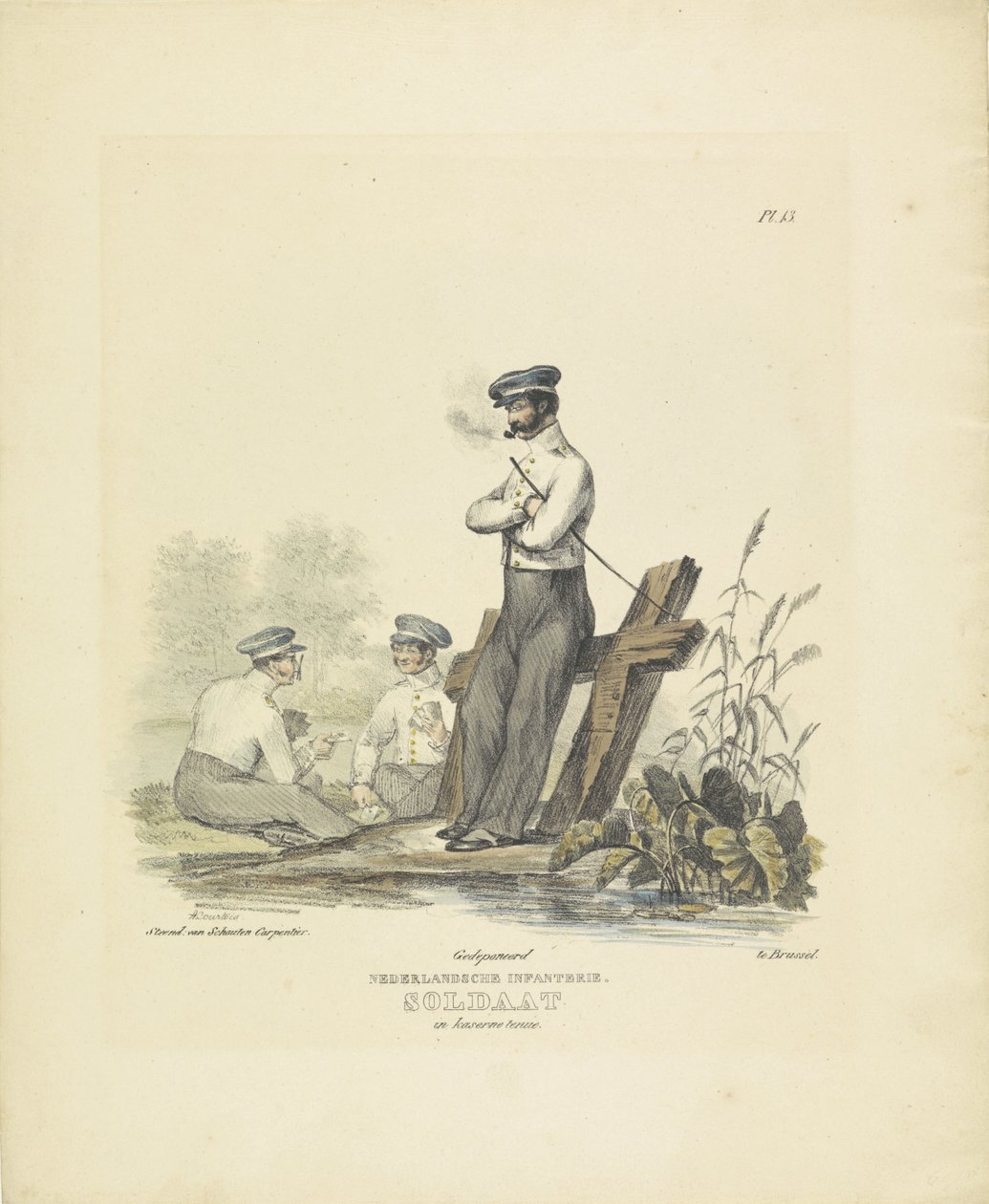 Soldato in uniforme di caserma, 1820-1825 (serie: Costumi militari del Regno dei Paesi Bassi) da A. Courtois