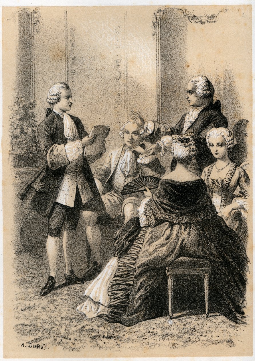 Antoine-Marin Lemierre legge Hypermnestra a Jean-Baptiste Vivien de Chateaubrun, illustrazione da 