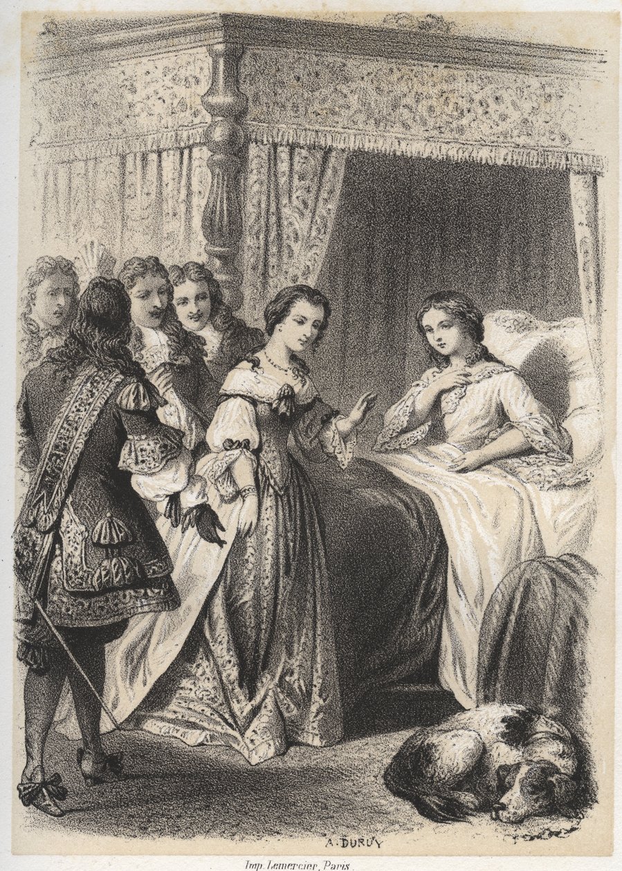 Madame Deshoulières, Antoinette Ligier de La Garde (1637-1694) sopraffatta dalle domande del suo entourage dopo una notte passata con la paura del fantasma. Incisione di A. Duruy in 