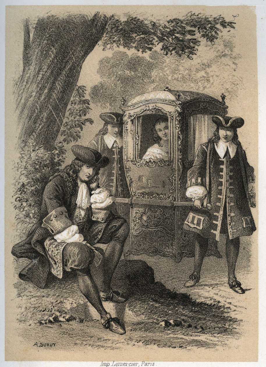Marie Anne Mancini (1649-1714) Duchessa di Bouillon andando una mattina a Versailles vide Jean de la Fontaine (Lafontaine) alzarsi sotto un albero; la sera lo trovò nello stesso posto. Incisione di A. Duruy in "Illustrations litteraires de la France" da A. Duruy