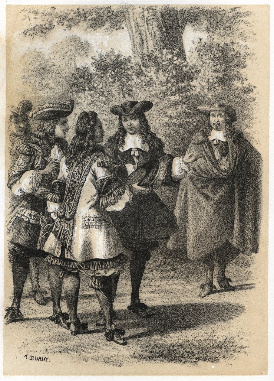 Incontro a Parigi tra Jean Racine (1639-1699) e Pierre Corneille (1606-1684). Incisione di A. Duruy in 