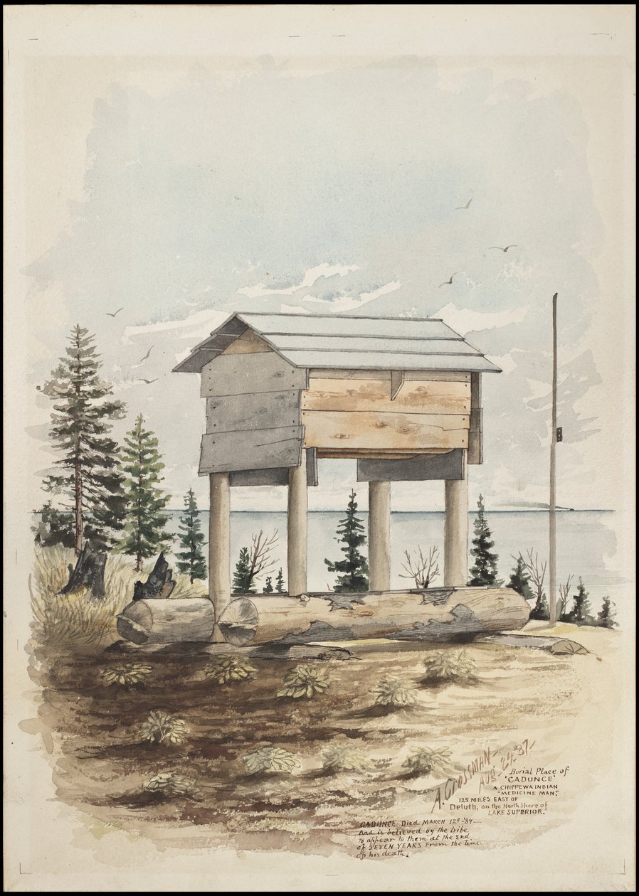Disegni che raffigurano il luogo di sepoltura di "Cadunce" un "Medicine Man" Chippewa, un dipinto di sabbia Navajo e dipinti su pietra Crow da A. Grossman