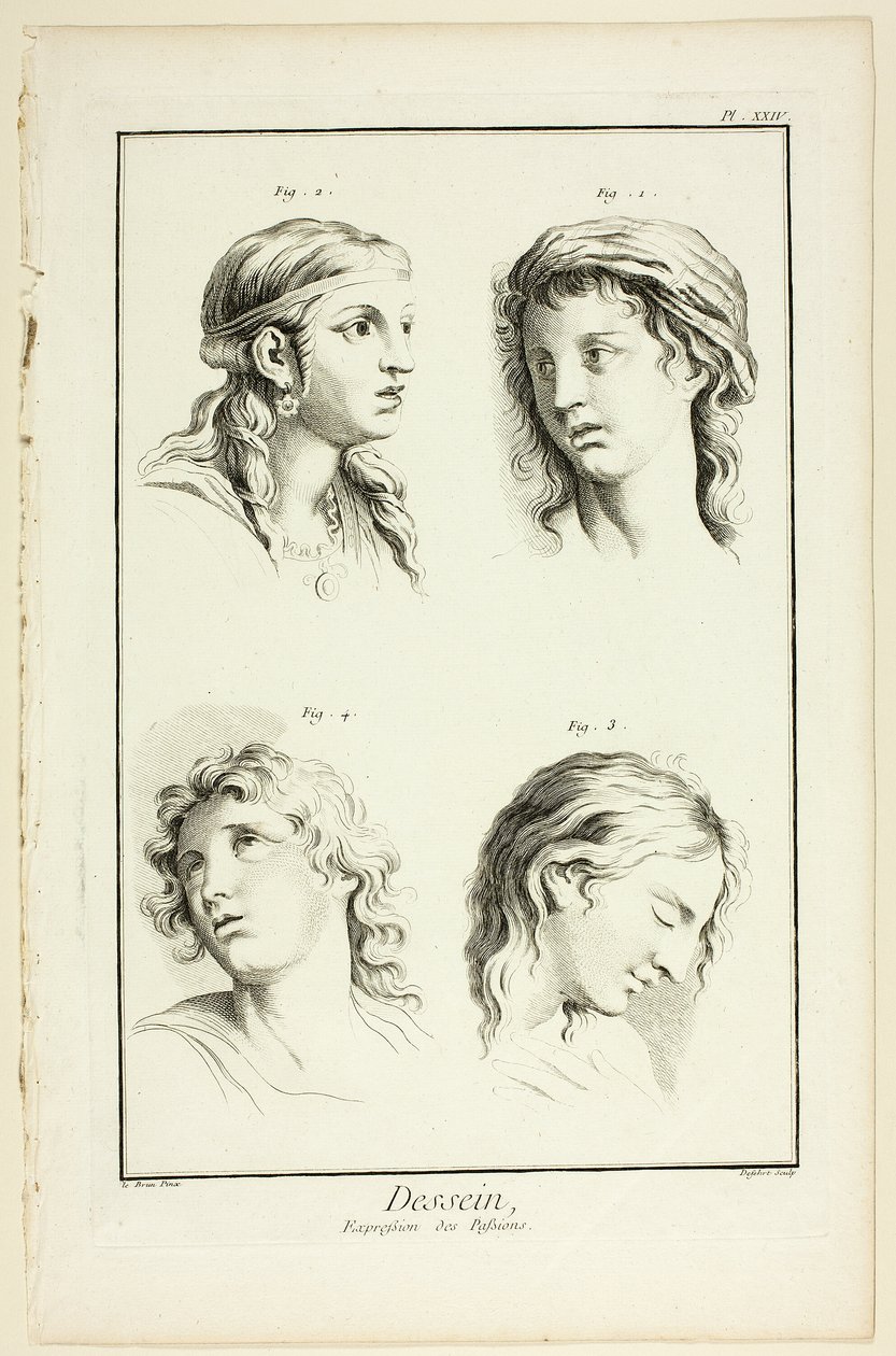 Disegno: Espressioni di emozioni (Meraviglia, Amore, Venerazione, Rapimento), da Encyclopédie da A. J. Defehrt