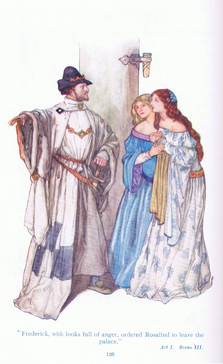 Federico con sguardo di rabbia ordinò a Rosalinda di lasciare il palazzo (Come vi piace), da Tales from Shakespeare pub. da Ward Lock & Co Ltd da A. Jackson