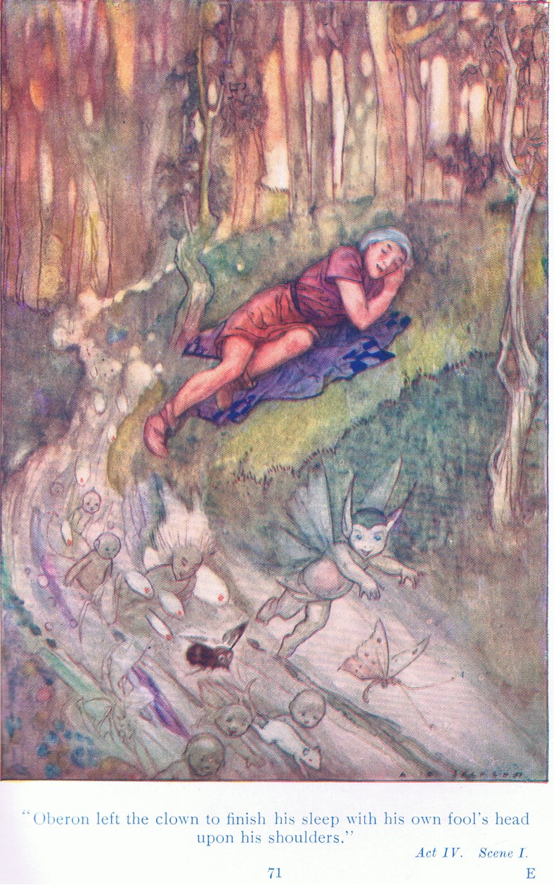Oberon lasciò il clown a finire il suo sonno con la testa da buffone sulle spalle (Sogno di una notte di mezza estate), da Tales from Shakespeare pub. da Ward Lock & Co Ltd da A. Jackson
